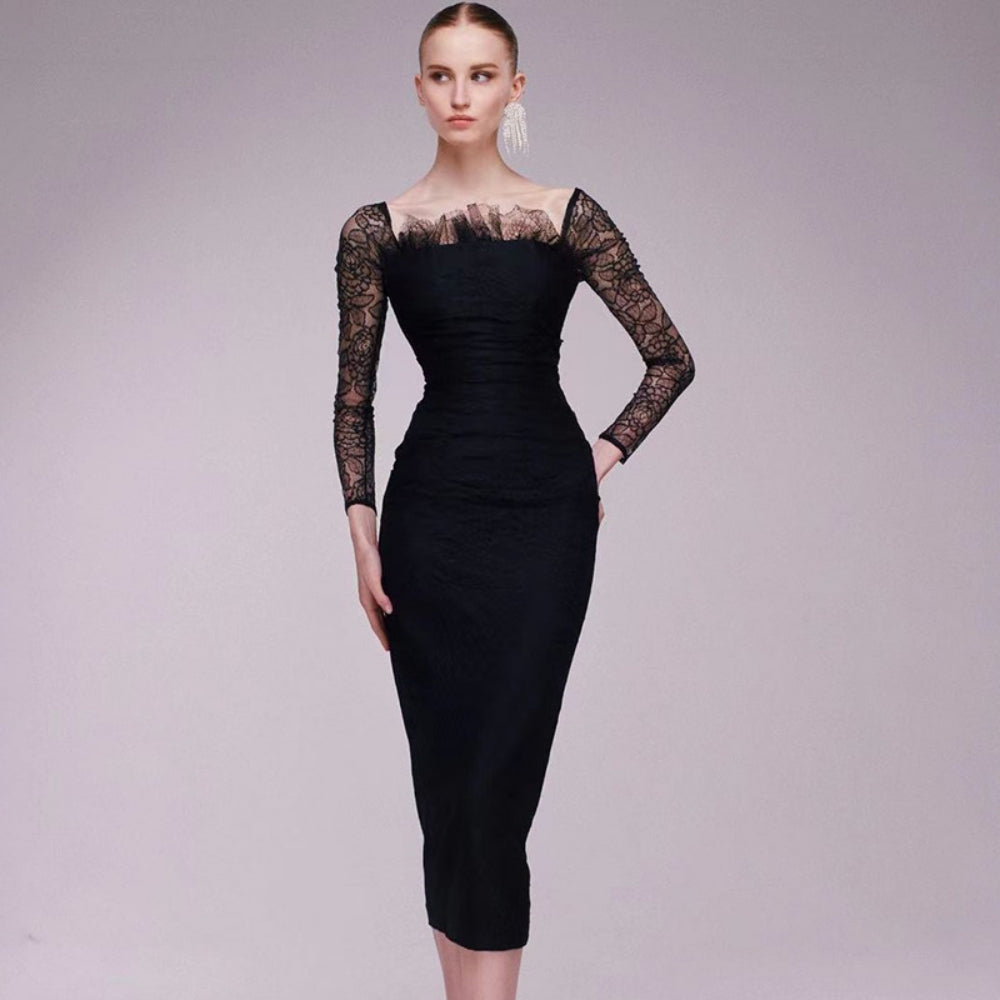 Square Collar Long Sleeve Midi Frill Bodycon Dress