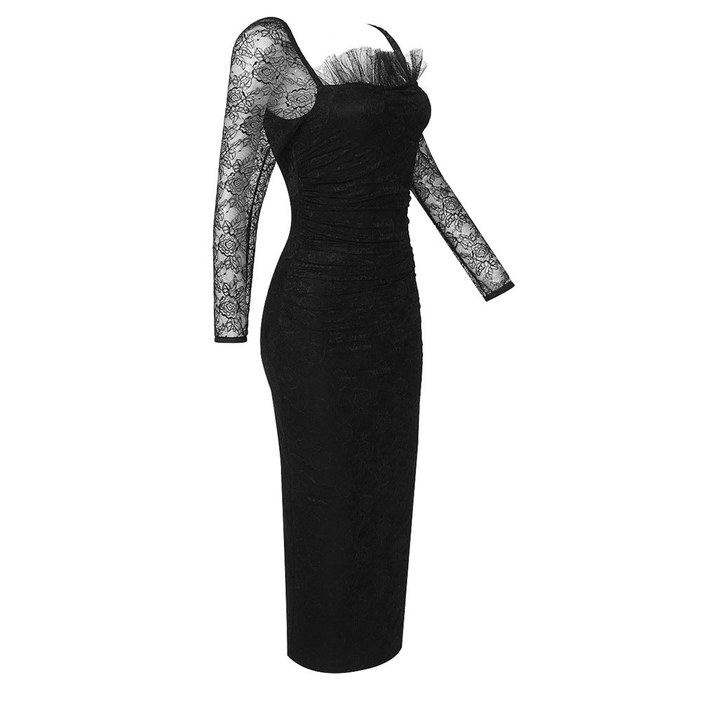Square Collar Long Sleeve Midi Frill Bodycon Dress
