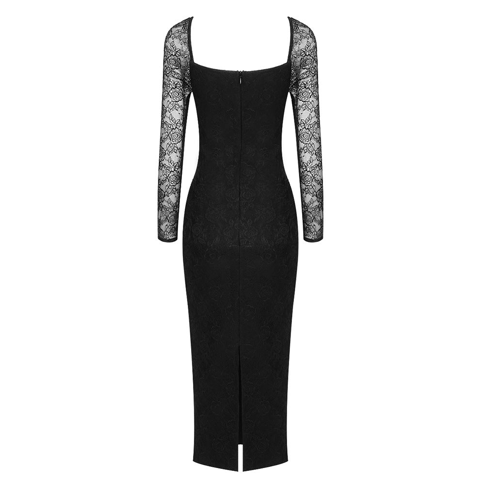 Square Collar Long Sleeve Midi Frill Bodycon Dress