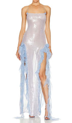 Maxikleid mit Spaghettiträgern und Rüschen in Himmelblau