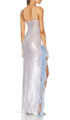 Maxikleid mit Spaghettiträgern und Rüschen in Himmelblau