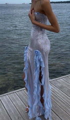 Maxikleid mit Spaghettiträgern und Rüschen in Himmelblau