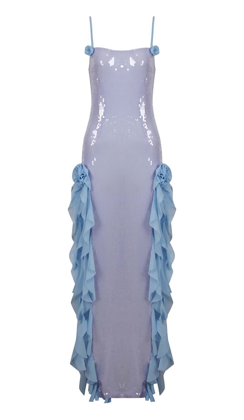 Maxikleid mit Spaghettiträgern und Rüschen in Himmelblau