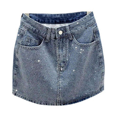 Diamonds embellished front denim skirt
