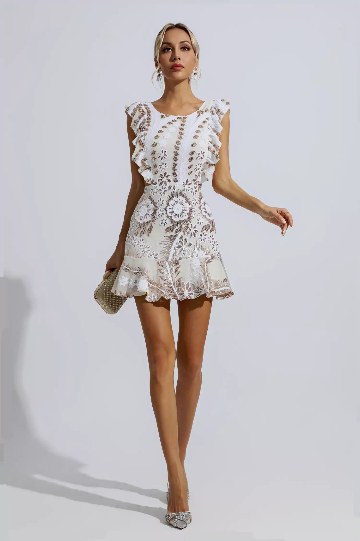 Sarai White Ruffle Floral Cutout Mini Dress