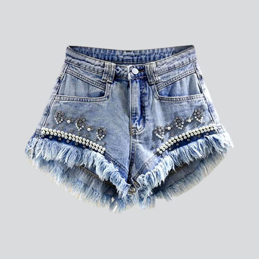 Distressed hem pearl denim shorts