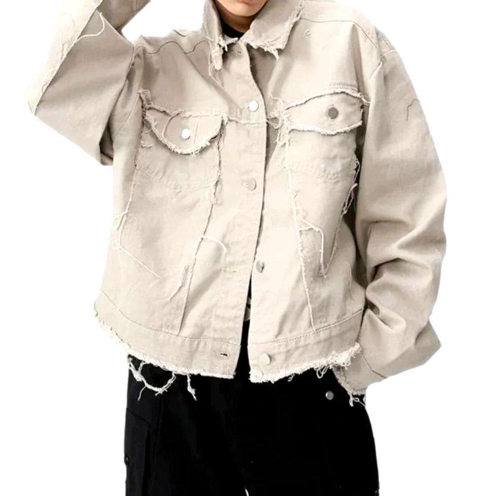 Light color distressed denim jacket