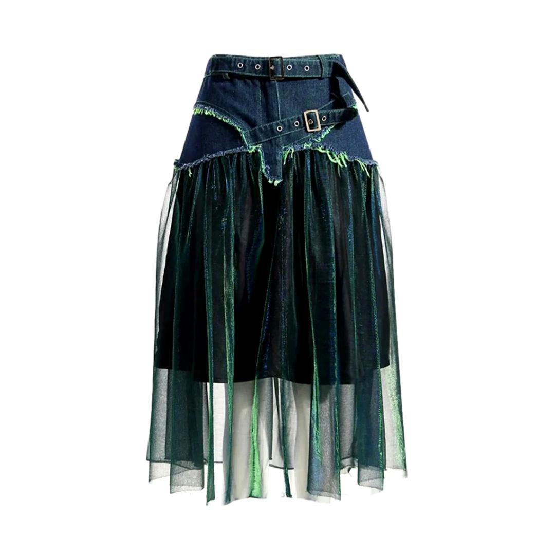 Distressed pleated denim skirt