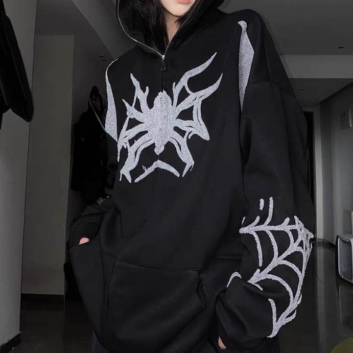 Kapuzenpullover mit Reißverschluss und Punk-Spinnen-Stickerei