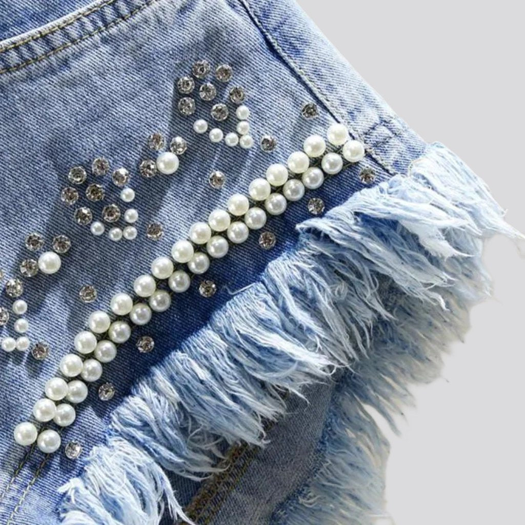 Distressed hem pearl denim shorts