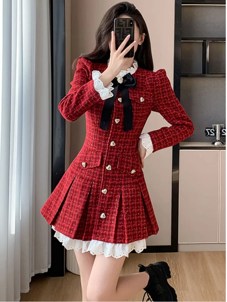 Korean Pleated Tweed Office Dress