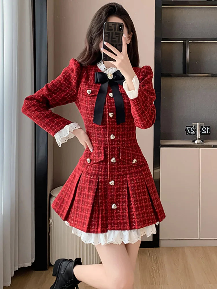 Korean Pleated Tweed Office Dress