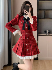 Korean Pleated Tweed Office Dress