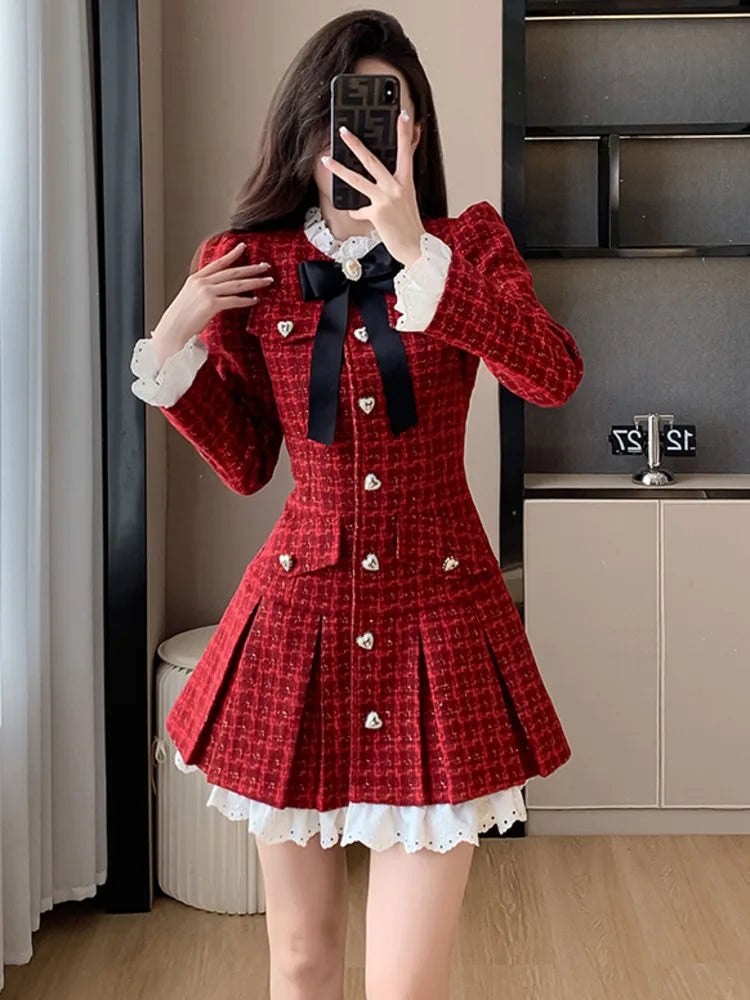 Korean Pleated Tweed Office Dress