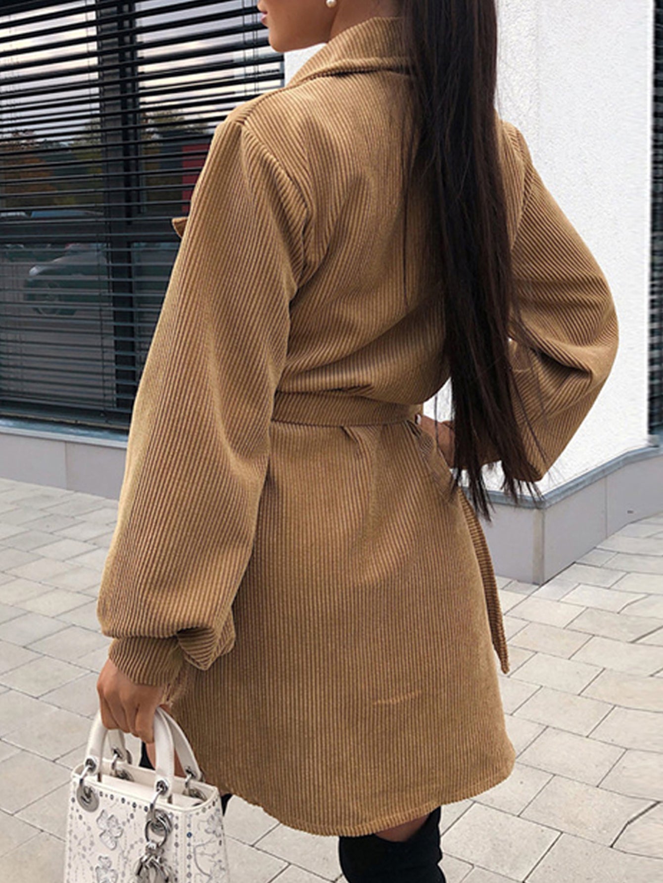 Single Breasted Self Tie Corduroy Dress Sai Feel