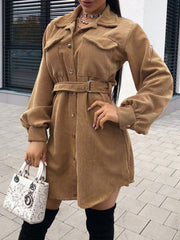 Single Breasted Self Tie Corduroy Dress Sai Feel