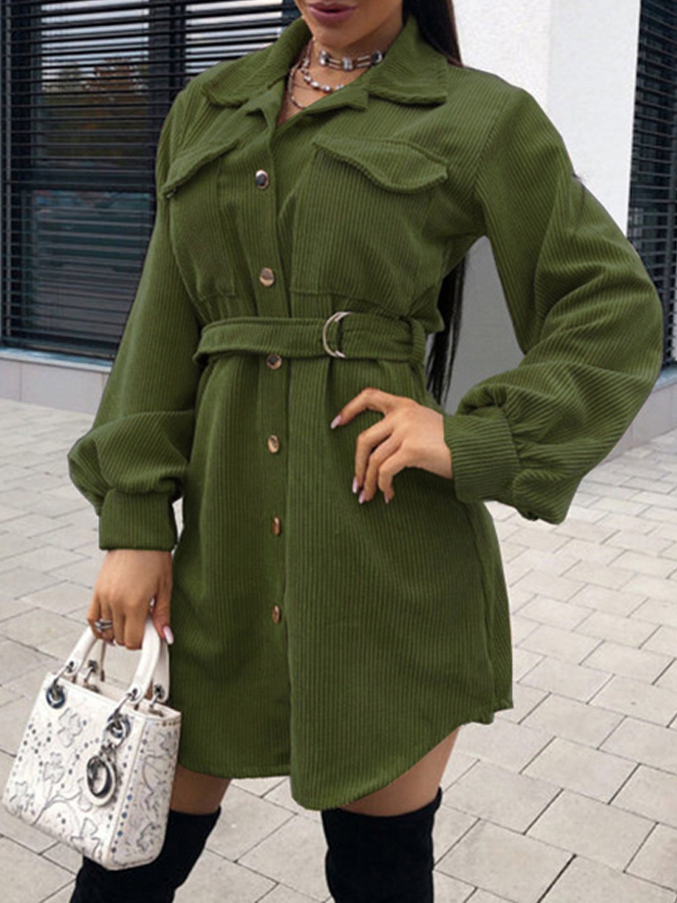 Single Breasted Self Tie Corduroy Dress Sai Feel