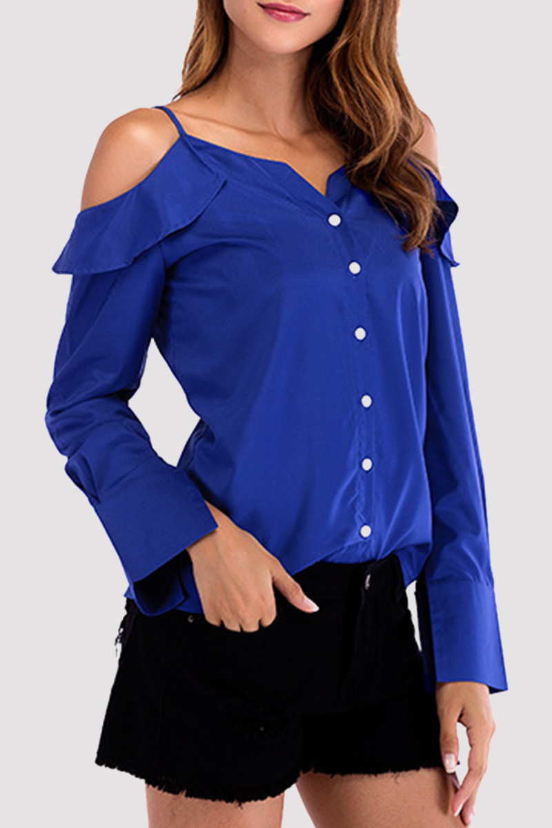 Solid Buckle Flounce Off the Shoulder Tops(4 colors) Sai Feel