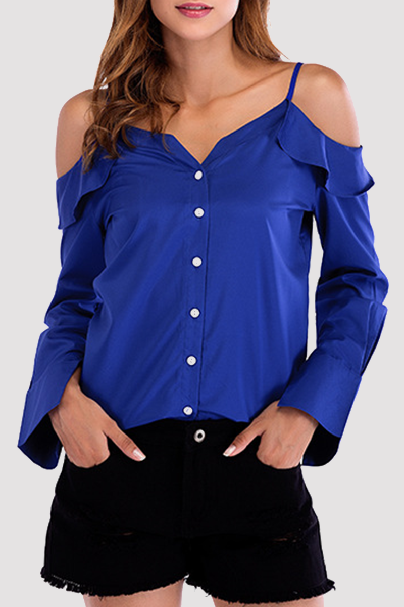 Solid Buckle Flounce Off the Shoulder Tops(4 colors) Sai Feel