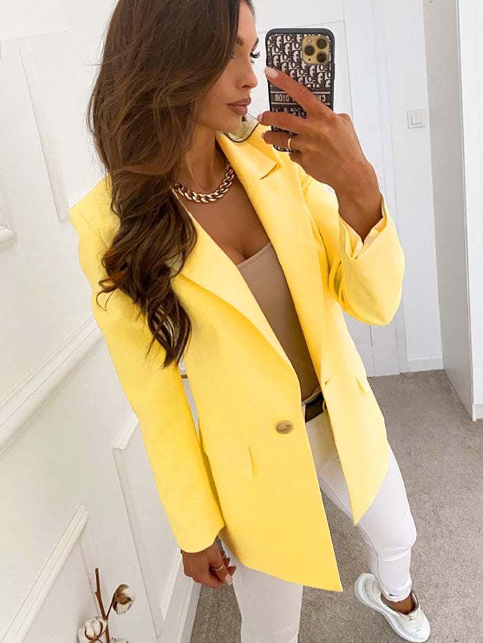 Solid Lapel Collar Button Front Blazer Sai Feel
