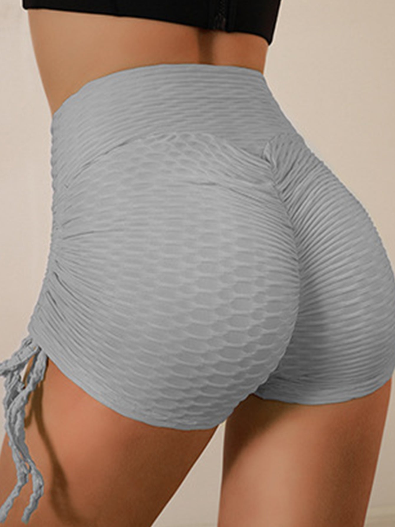 Solid  Ruched Back Textured Skinny Sports Shorts Sai Feel