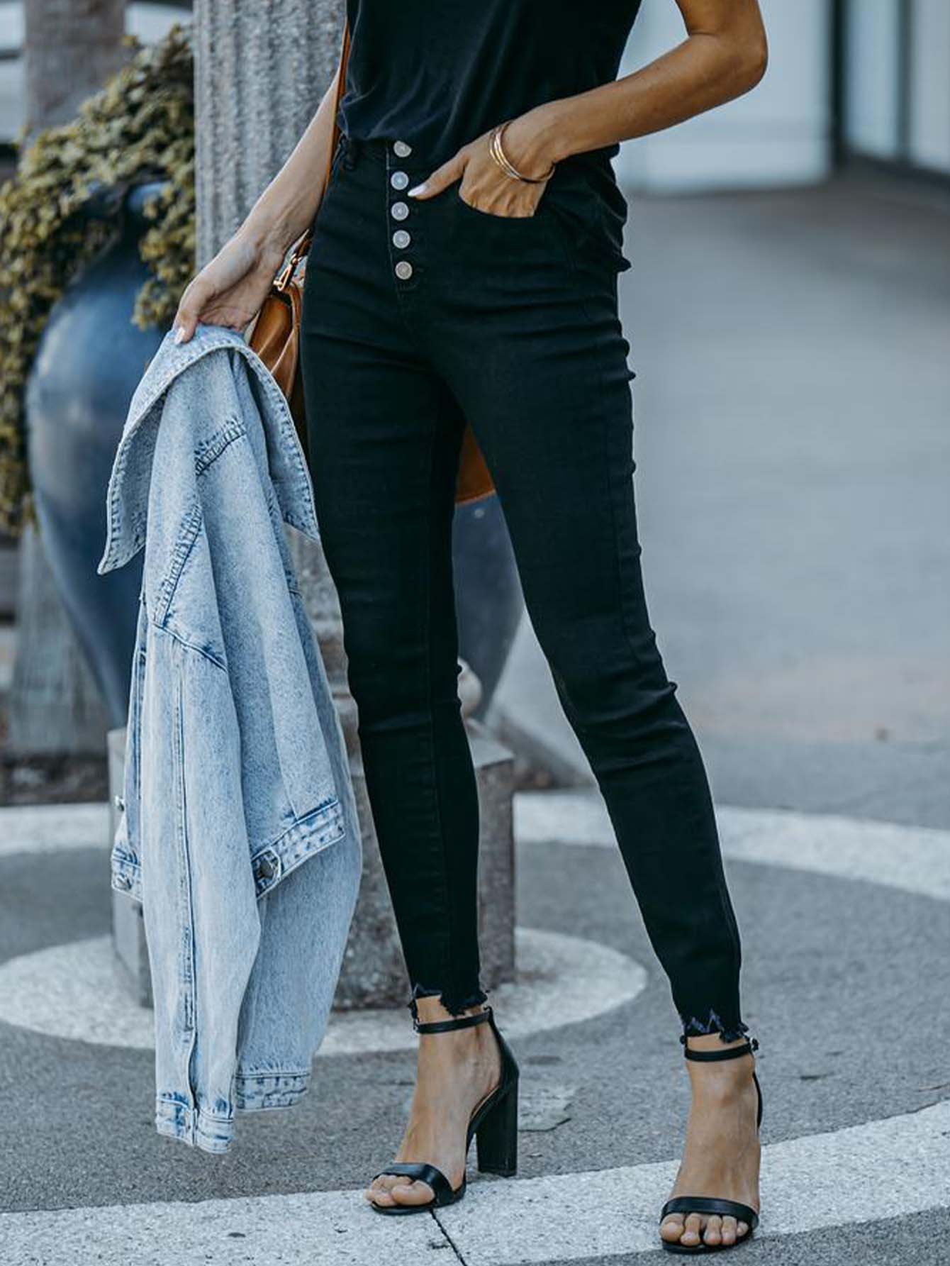 Solid color single breasted pocket stretch pants Pencil Pants Sai Feel