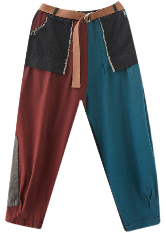 Streetwear Colorblock Pockets Patchwork Cotton Denim Harm Pants