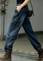 Style Blue Original Design Pockets Patchwork Cotton Denim Beam Pants