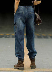 Style Blue Original Design Pockets Patchwork Cotton Denim Beam Pants