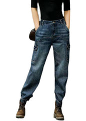 Style Blue Original Design Pockets Patchwork Cotton Denim Beam Pants
