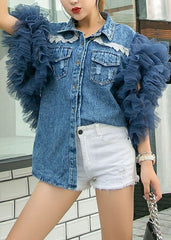 Stil Blaue Peter Pan Kragen Tüll Rüschen Patchwork Denim Shirts