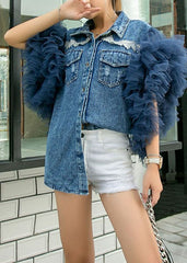 Stil Blaue Peter Pan Kragen Tüll Rüschen Patchwork Denim Shirts