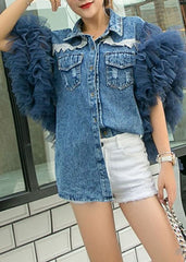 Stil Blaue Peter Pan Kragen Tüll Rüschen Patchwork Denim Shirts