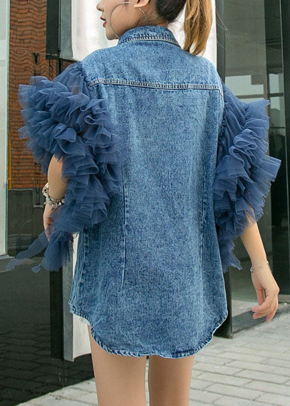 Stil Blaue Peter Pan Kragen Tüll Rüschen Patchwork Denim Shirts