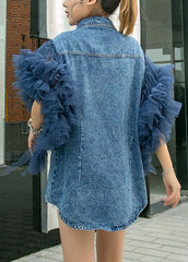 Stil Blaue Peter Pan Kragen Tüll Rüschen Patchwork Denim Shirts
