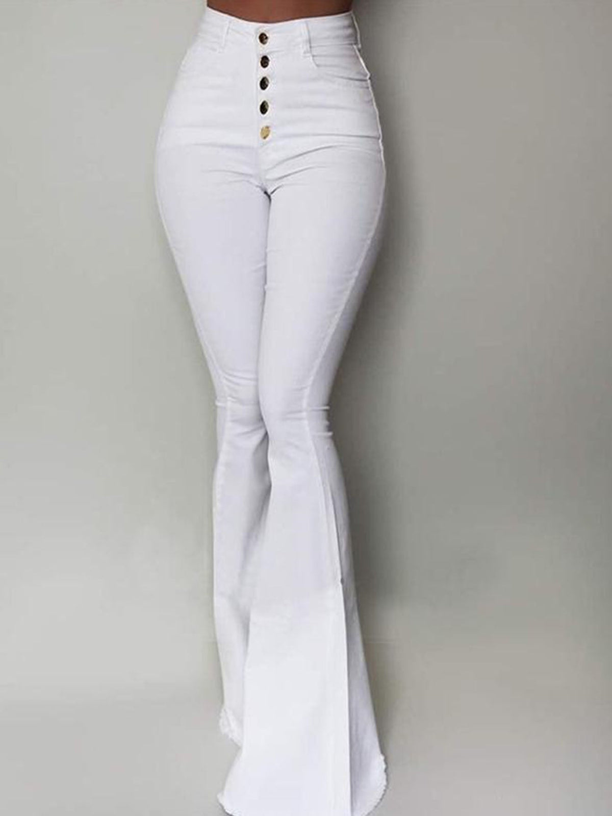 Stylish White High Waist Buckle Long Flared Pants Sai Feel