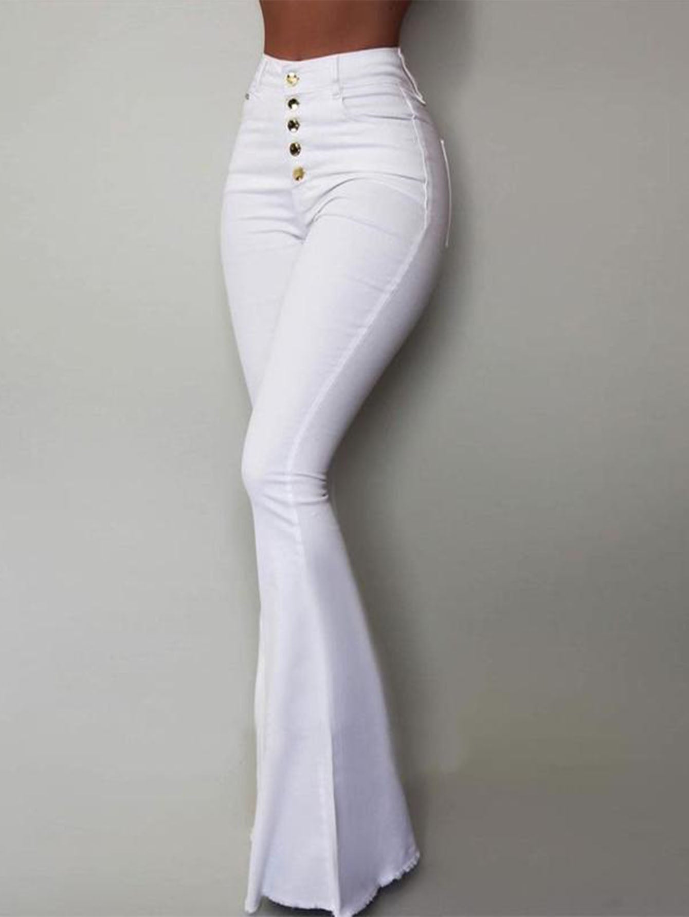 Stylish White High Waist Buckle Long Flared Pants Sai Feel