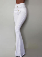Stylish White High Waist Buckle Long Flared Pants Sai Feel