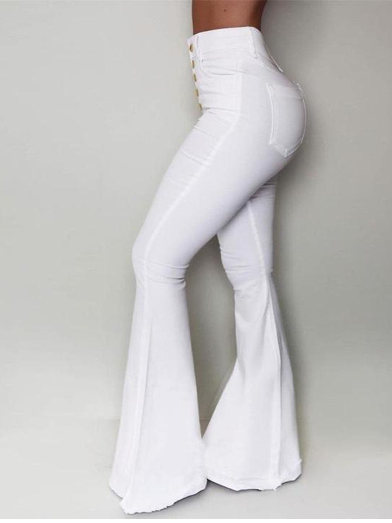 Stylish White High Waist Buckle Long Flared Pants Sai Feel