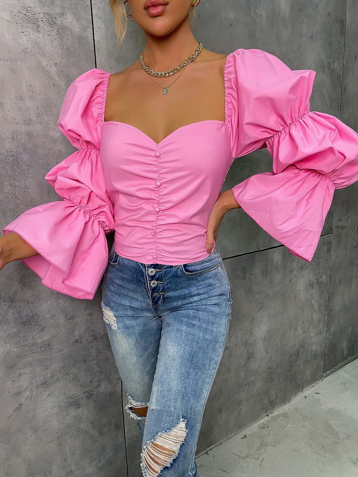 Sweetheart Neck Gathered Sleeve Flounce Cuff Single Breasted Blouse Sai Feel