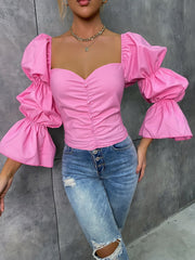 Sweetheart Neck Gathered Sleeve Flounce Cuff Single Breasted Blouse