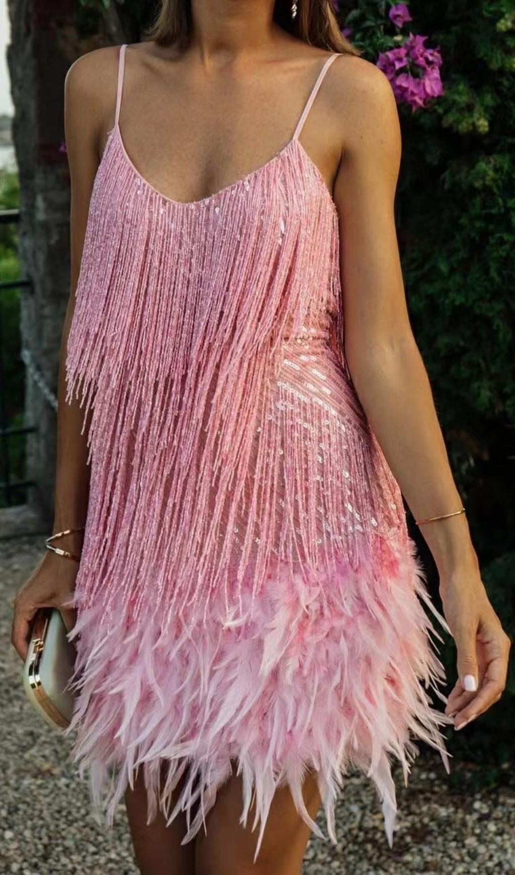 TASSEL FEATHER MINI DRESS IN PINK