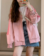 Oversize-Kapuzenpullover mit Reißverschluss und Persönlichkeitsdruck in Rosa