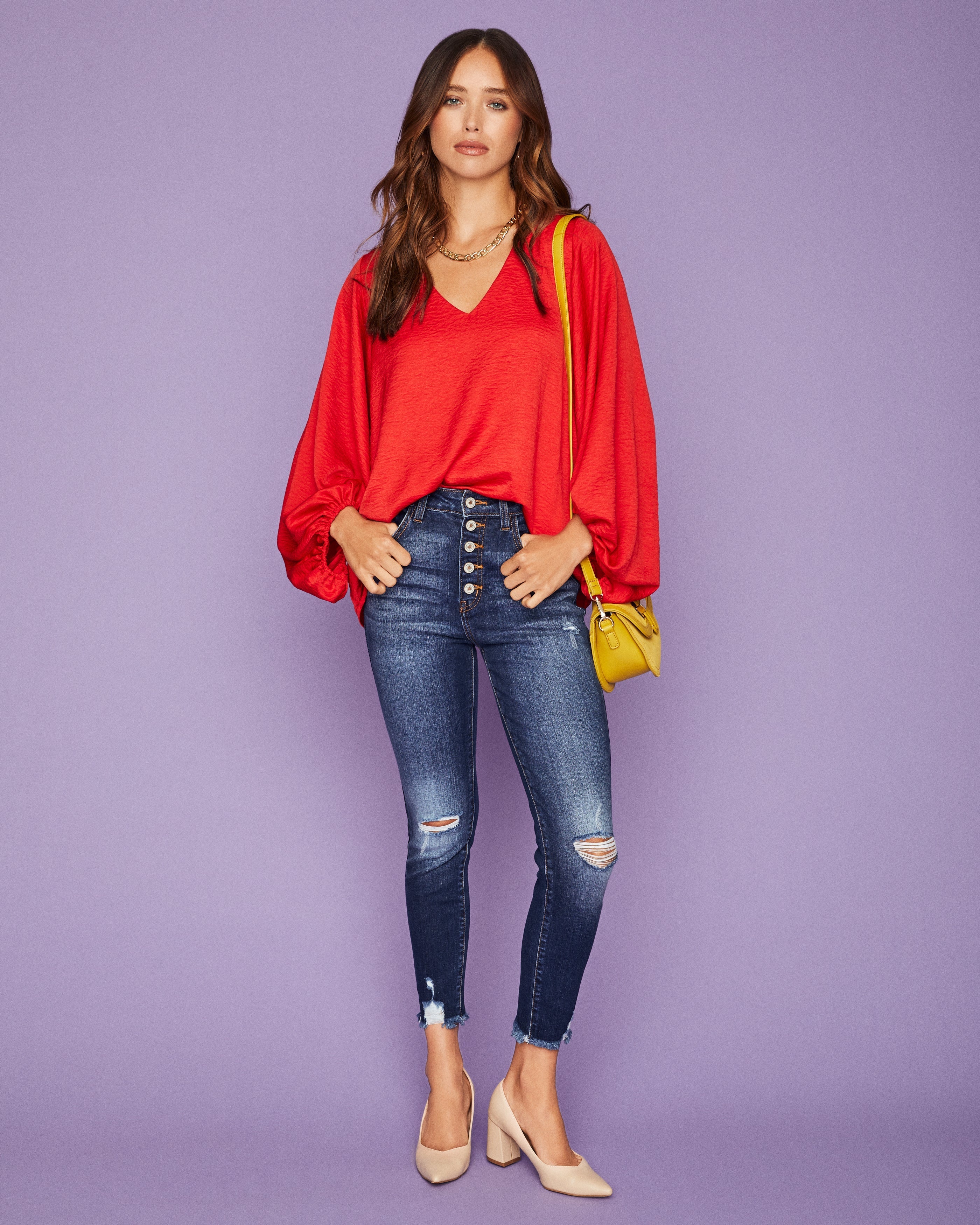 Vada Balloon Sleeve Blouse - Red - FINAL SALE