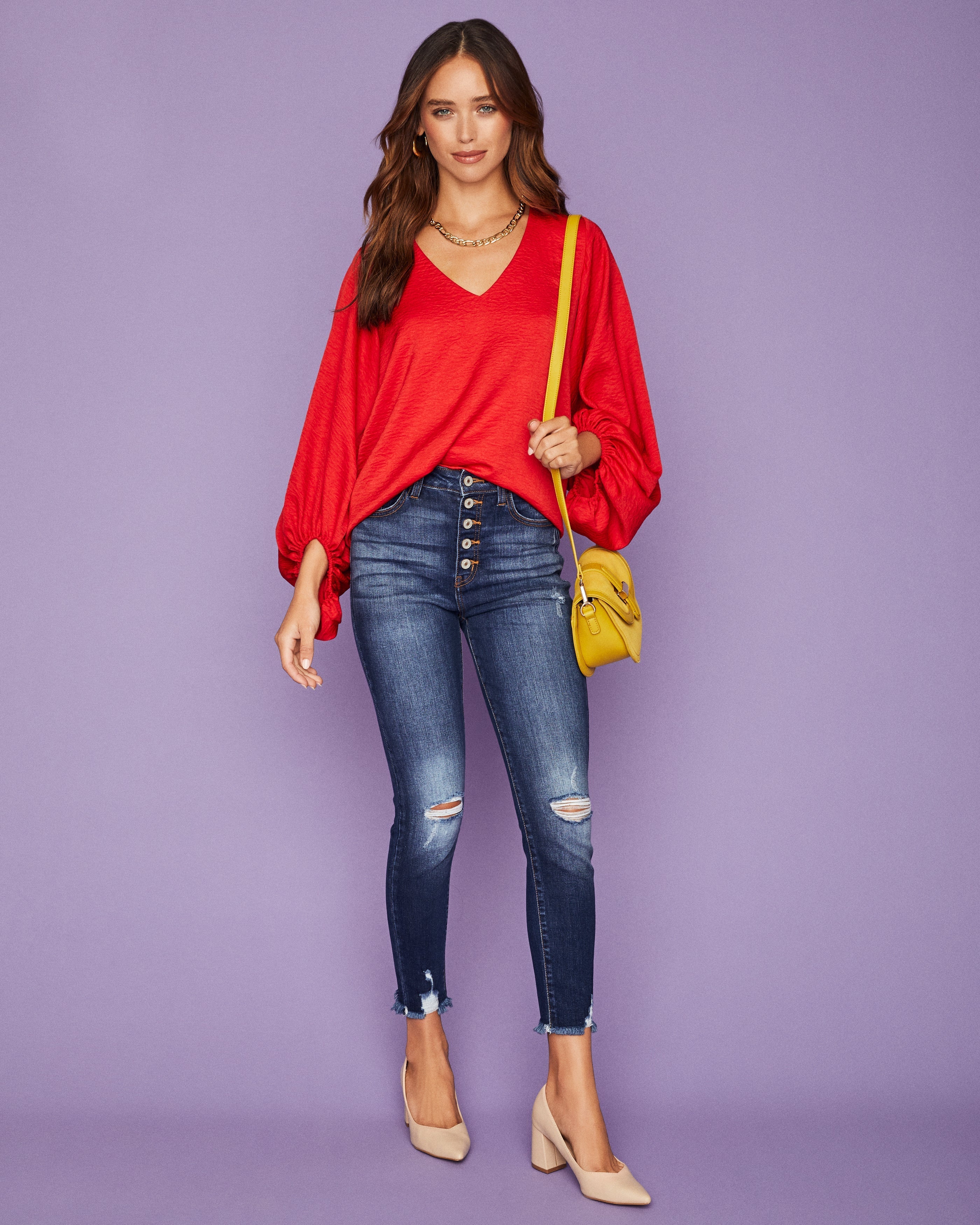 Vada Balloon Sleeve Blouse - Red - FINAL SALE