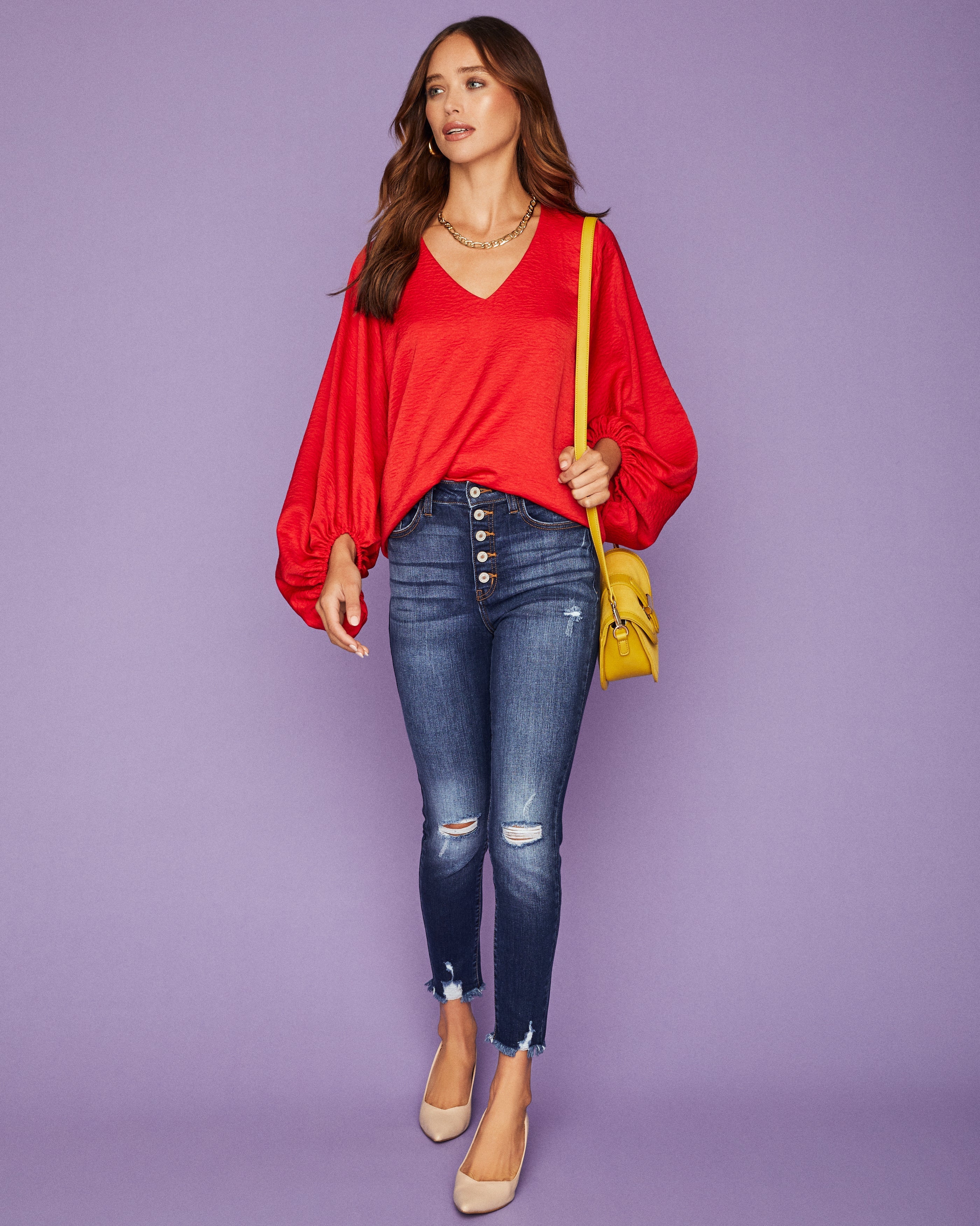 Vada Balloon Sleeve Blouse - Red - FINAL SALE