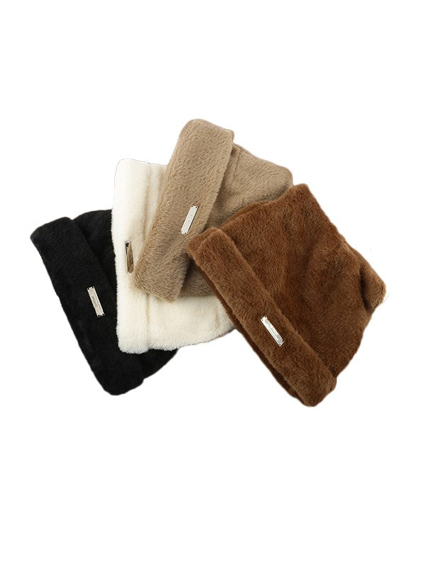 Metal Label Fuzzy Cat Beanie Hat