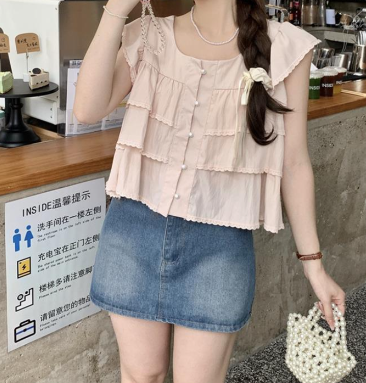 Maja Tiered Swiss Dot Button Down Top - Cream