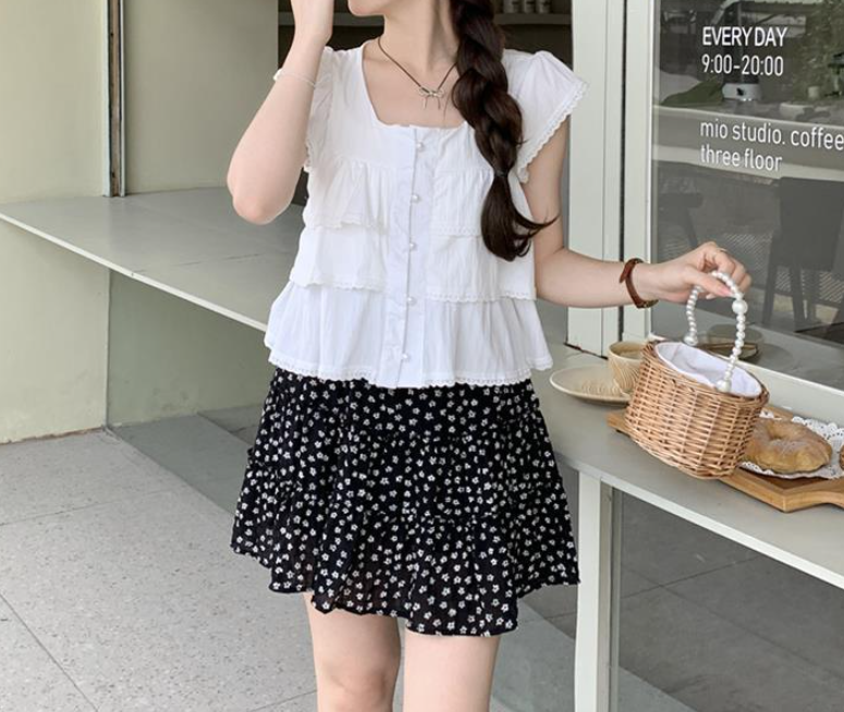 Maja Tiered Swiss Dot Button Down Top - Cream