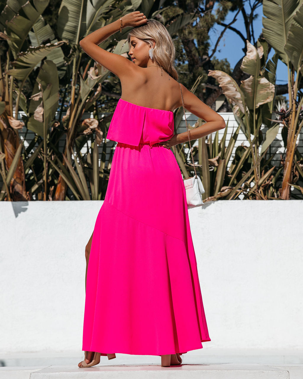 Vivid Strapless Slit Maxi Dress - Hot Pink Ins Street